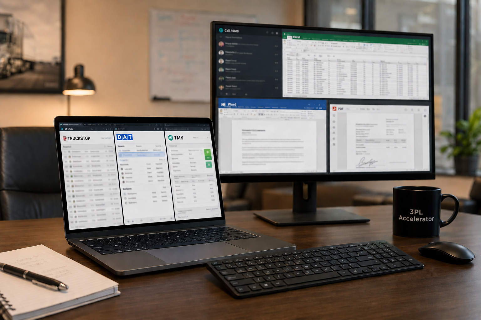 Freight ops tools used by 3PLs and brokers — Truckstop, DAT, TMS, and Excel side by side